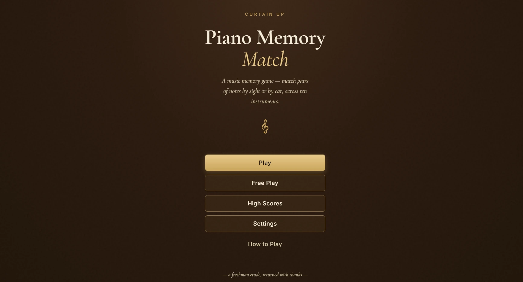 Piano Memory Match main menu — title, tagline, and Play / Free Play / High Scores / Settings buttons on a curtain-dark background