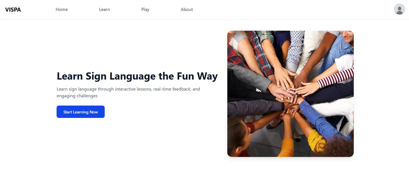 VISPA sign language learning platform — landing screen design